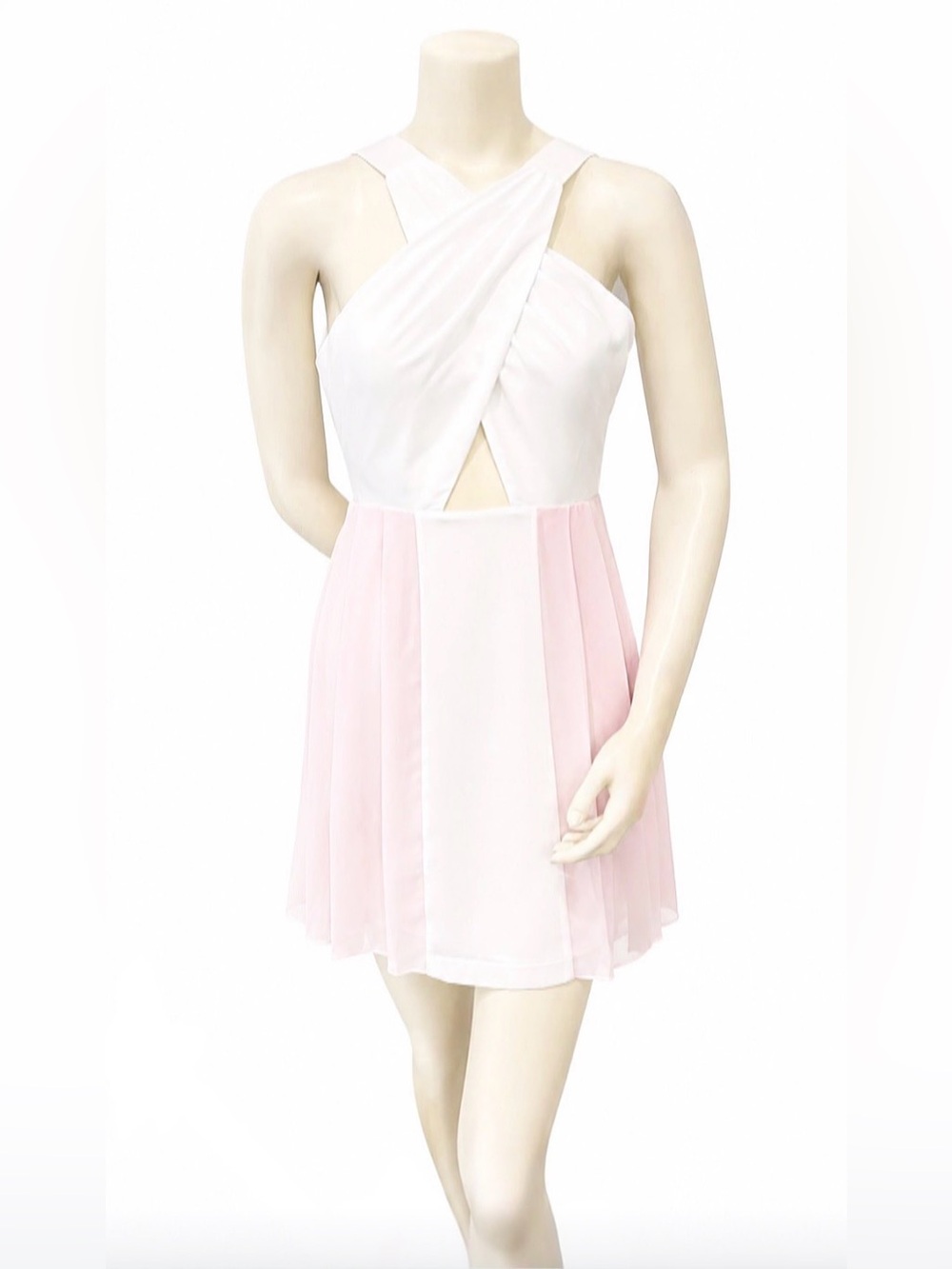 BCBGeneration White Pink Fit & Flare Cutout Pleated Mini Dress Size 6 - Picture 2 of 7